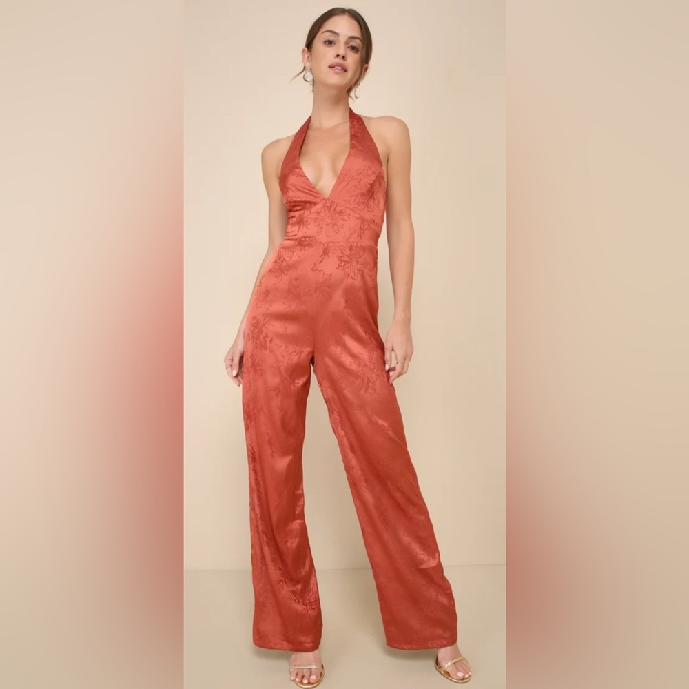 Lulu’s NWT : Elegant Aspect Rust Floral Jacquard Halter Wide-Leg Jumpsuit